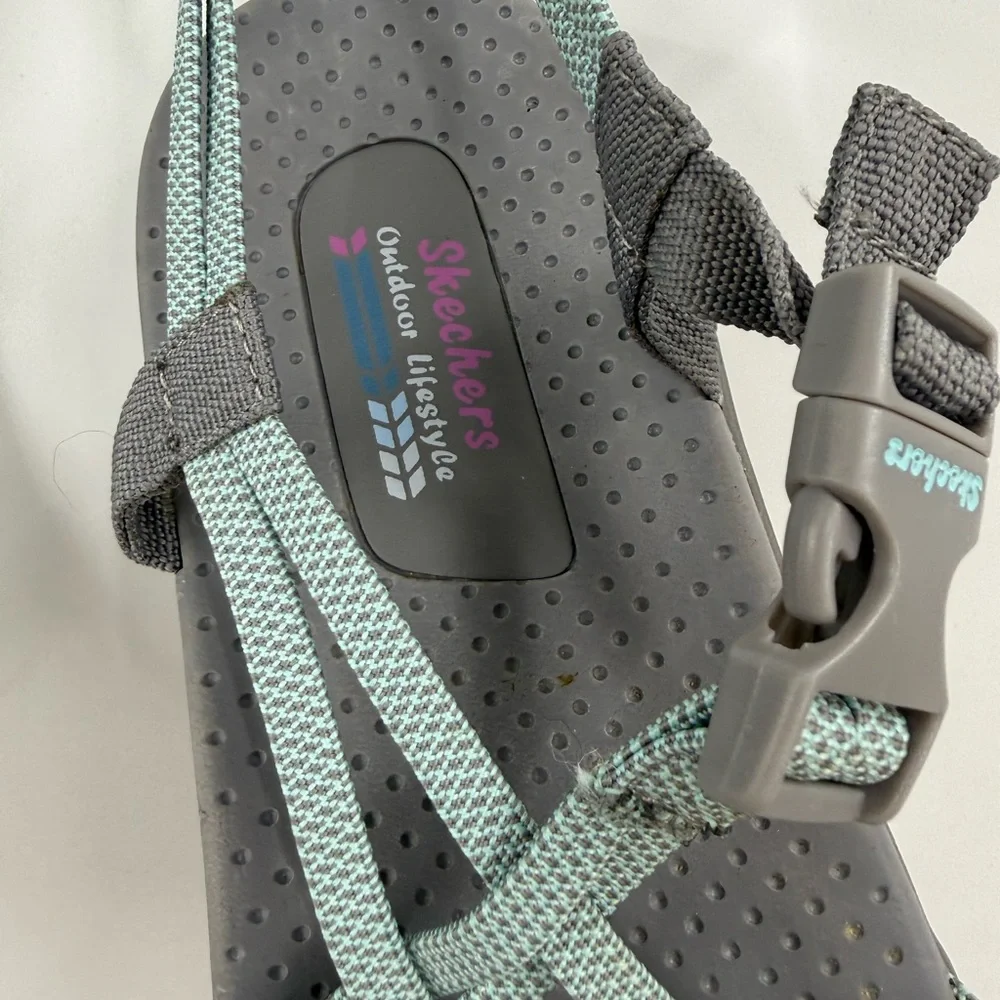Skechers Women's Reggae - Irie athletic sandals in the Gray/Aqua colorway 10